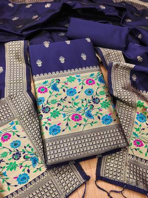 navy blue zari woven banarasi dress materials 1