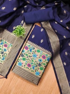 navy blue zari woven banarasi dress materials 4