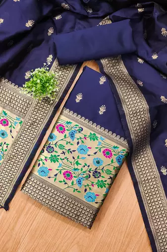 navy blue zari woven banarasi dress materials