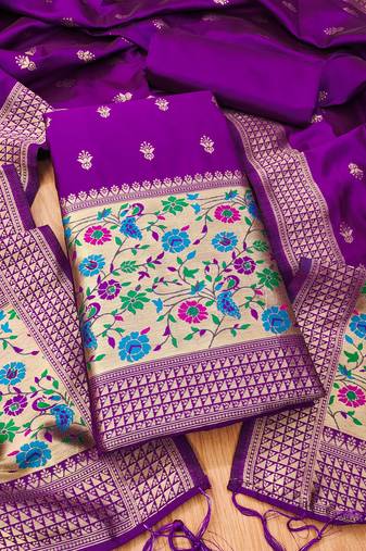 purple zari woven banarasi dress materials