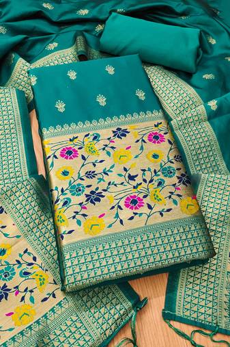 teal zari woven banarasi dress materials