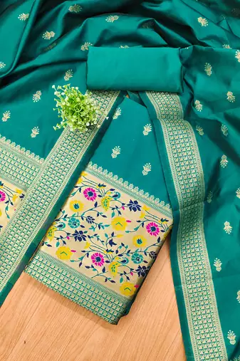teal zari woven banarasi dress materials