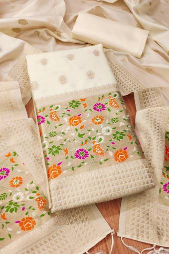 white zari woven banarasi dress materials