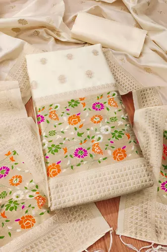 white zari woven banarasi dress materials