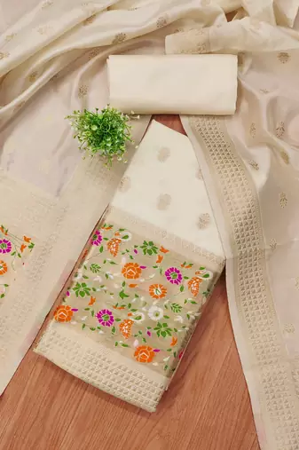white zari woven banarasi dress materials