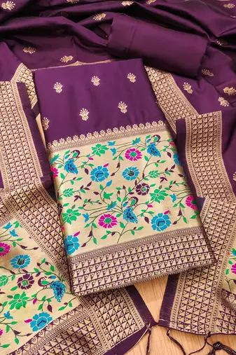 wine zari woven banarasi dress materials