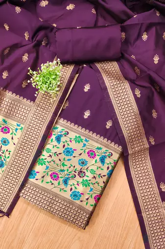 wine zari woven banarasi dress materials