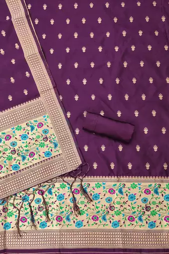 wine zari woven banarasi dress materials