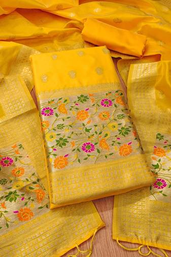yellow zari woven banarasi dress materials