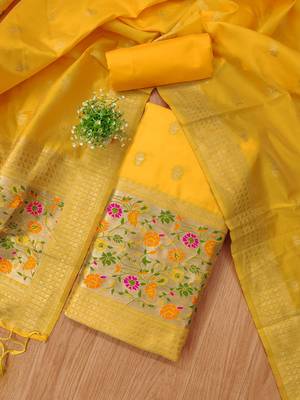 yellow zari woven banarasi dress materials 2