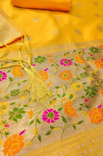 yellow zari woven banarasi dress materials