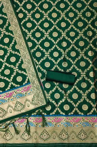 green zari woven banarasi dress materials