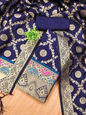 navy blue zari woven banarasi dress materials 2