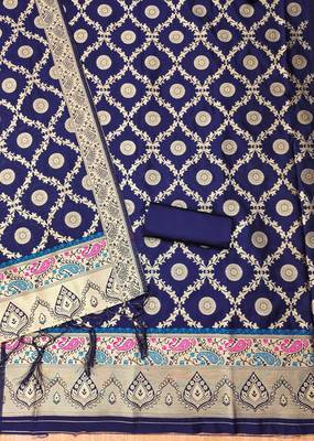 navy blue zari woven banarasi dress materials 3
