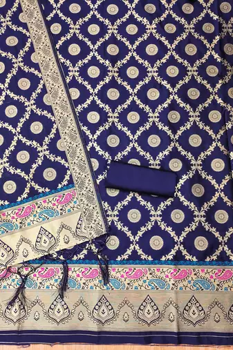 navy blue zari woven banarasi dress materials