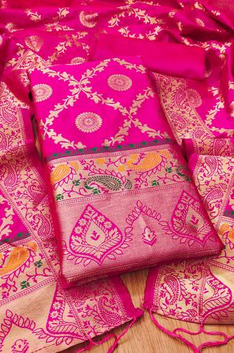pink zari woven banarasi dress materials