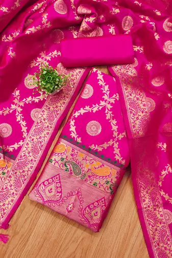 pink zari woven banarasi dress materials