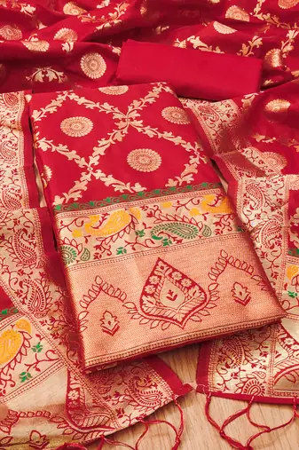 red zari woven banarasi dress materials