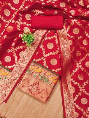 red zari woven banarasi dress materials 2