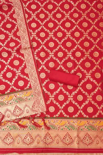 red zari woven banarasi dress materials