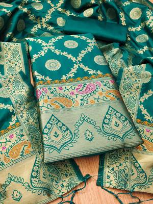 teal zari woven banarasi dress materials 1
