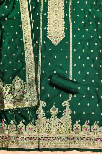 green zari woven banarasi dress materials