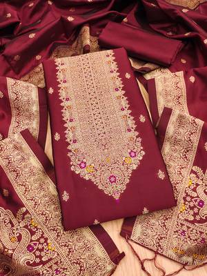 maroon zari woven banarasi dress materials 1