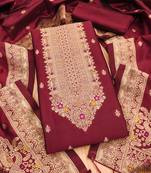 maroon zari woven banarasi dress materials