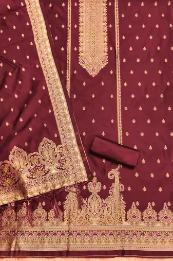 maroon zari woven banarasi dress materials