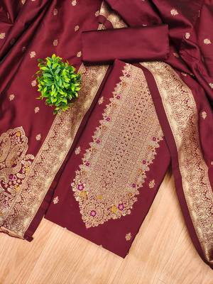 maroon zari woven banarasi dress materials 3