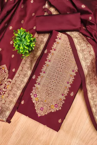 maroon zari woven banarasi dress materials