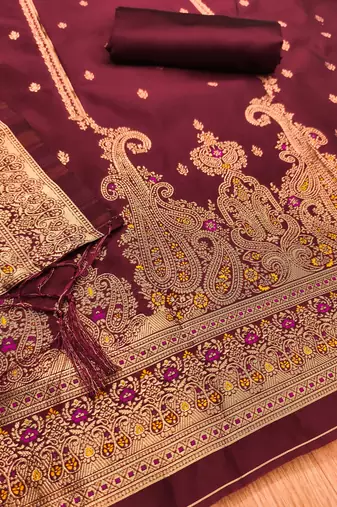maroon zari woven banarasi dress materials