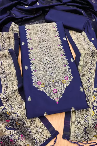 navy blue zari woven banarasi dress materials