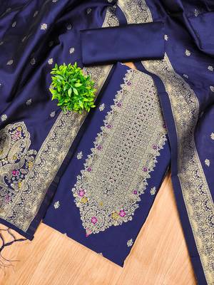 navy blue zari woven banarasi dress materials 3