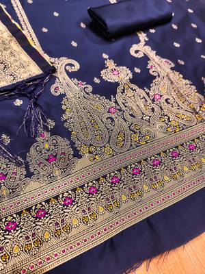 navy blue zari woven banarasi dress materials 4
