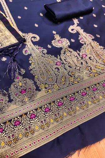 navy blue zari woven banarasi dress materials