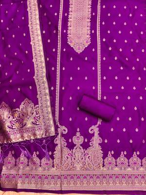 purple zari woven banarasi dress materials 2