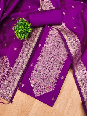 purple zari woven banarasi dress materials 3