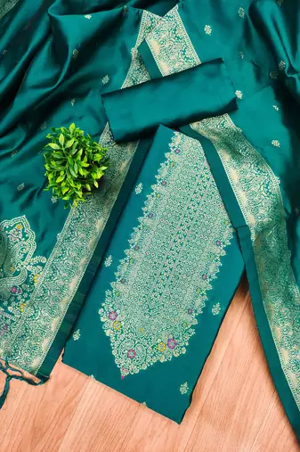 teal zari woven banarasi dress materials