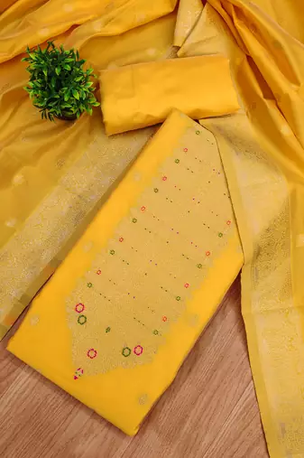 yellow zari woven banarasi dress materials
