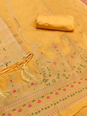 yellow zari woven banarasi dress materials 4