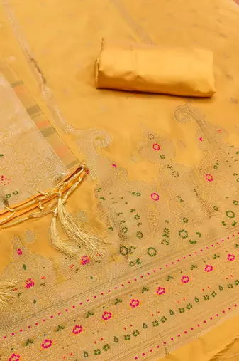 yellow zari woven banarasi dress materials