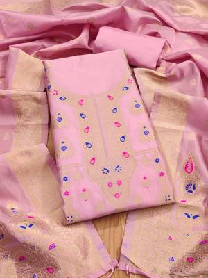 light baby pink zari woven banarasi dress materials 1
