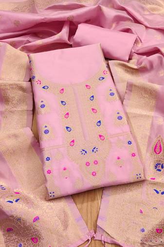 light baby pink zari woven banarasi dress materials