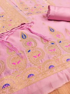 light baby pink zari woven banarasi dress materials 4