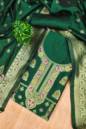 green zari woven banarasi dress materials
