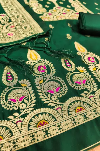 green zari woven banarasi dress materials