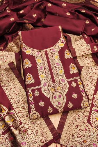 maroon zari woven banarasi dress materials