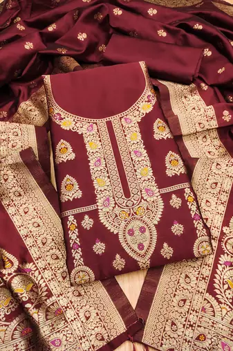 maroon zari woven banarasi dress materials