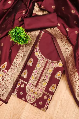 maroon zari woven banarasi dress materials
